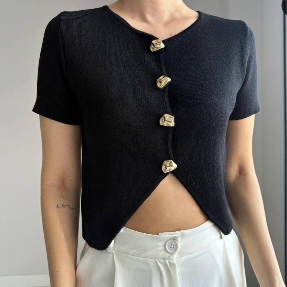Zara Blue Black Metal Button Short Sleeve Cropped Cardigan